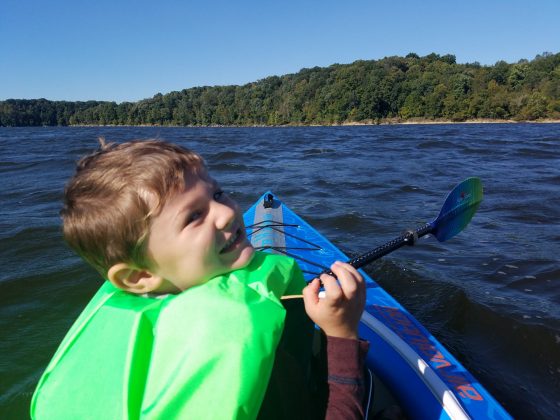 Taking grandson out on the kayak for the first time (East Fork Lake, Ohio) in an inflatable kayak.