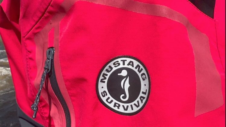 Mustang Survival Hudson dry suit logo and arm pocket