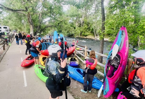 Paddlers lining up at the start gate for the 2022 Golden Rodeo down river race.